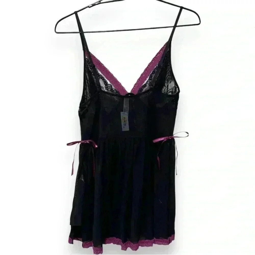 NWT Adore me Black and Purple Mesh Side Slit Babydoll Nightie with Black Panties - Picture 3 of 12